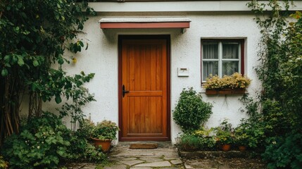 Charming Wooden Door Surrounded by Lush Greenery and Flowers