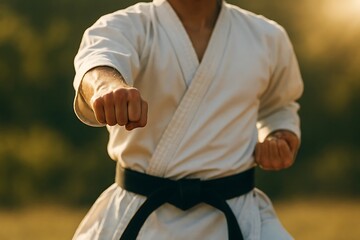 Torso of a martial artist in a white uniform with black belt delivers a focused punch outdoors.