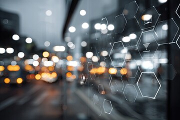 Cityscape at night with overlaid hexagonal network graphic