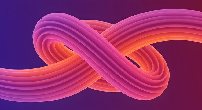 An abstract, flowing knot of vibrant orange and pink tubes against a deep purple to pink gradient background, showcasing smooth curves and a sense of movement