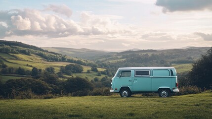Vintage Campervan parked on a Lush Green Hillside with Rolling Hills Background creating a Serene