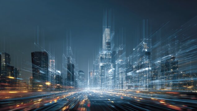 Futuristic cityscape with glowing lines suggesting digital connectivity and fast-paced urban life