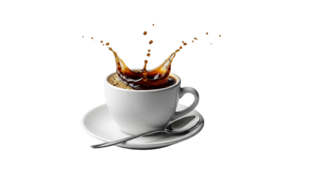 Cup of coffee with a splash drop fly with saucer and spoon on transparent background



