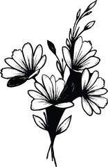 A delicate black and white floral illustration showcasing a simple bouquet of graceful flowers with fine line work and subtle shading, embodying elegance and purity.