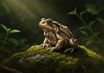 Obraz premium American toad sitting on mossy rock in a forest with sunlight shining down