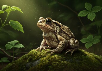 Fototapeta premium American toad sitting on a mossy rock in a forest with sunlight