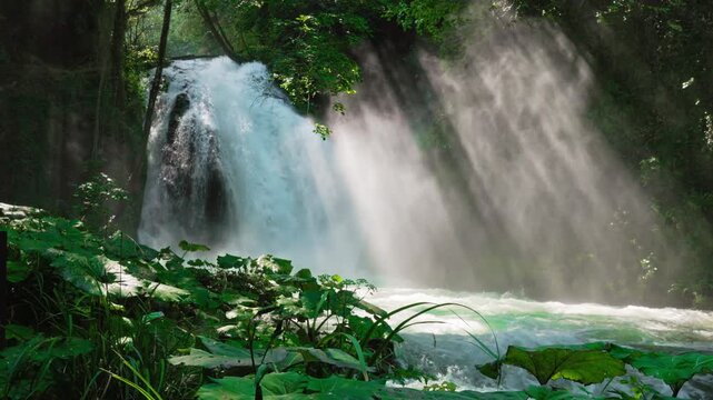Dynamic zoom view of Marmore Waterfall, powerful cascade with strong water spray and lush green surroundings