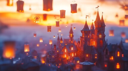Magical Castle Town at Sunset with Floating Lanterns, Warm Light, and Atmospheric Haze