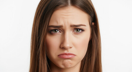 Fototapeta premium Close-up portrait of a young woman expressing deep sadness and disappointment, her face contorted in a visibly unhappy and displeased manner, reflecting a moment of distress or discontent