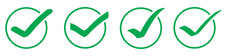 Green tick mark icon on white background. White tick on green circle set. Vector check mark on isolated white paper.  Checklist vector icon set of 4. EPS 10. © Line Wave