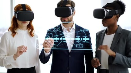 Business Professionals in VR Headsets Interacting with Holographic Data in Modern Office - Powered by Adobe