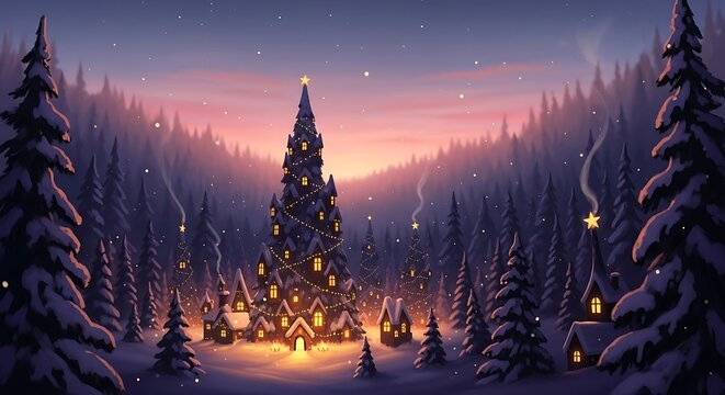 Enchanting digital illustration of a snow-covered winter forest scene with a decorated Christmas tree and cozy cabins. - Powered by Adobe