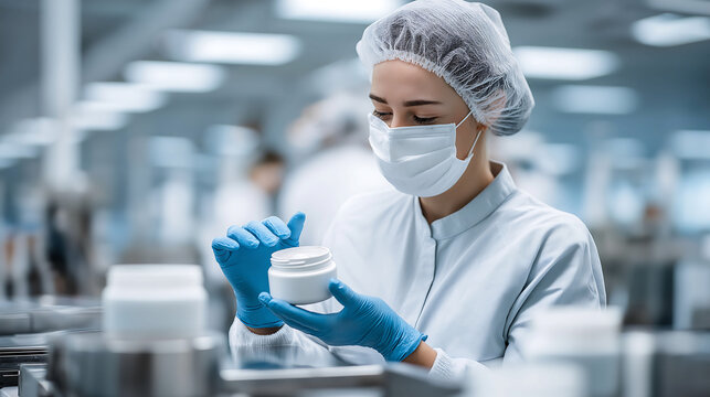 A young woman factory worker in gloves holding plastic jar filling it with white face or body cream in modern factory. Beauty skincare, Production and packaging of cosmetics product concept