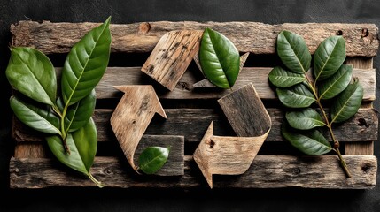 Recycled wood recycle symbol with fresh leaves