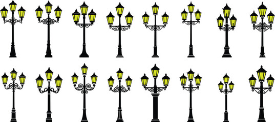 Street lamp vector set, multiple lantern designs, yellow glow, black poles, CAD drawing, urban lighting, decorative fixtures, scalable illustration