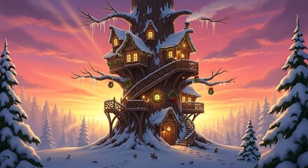 A whimsical winter wonderland treehouse nestled in a snowy forest at sunset.