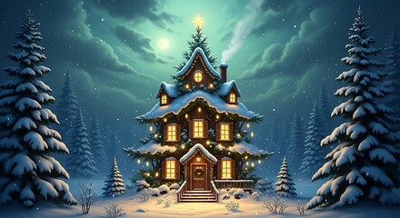 Enchanted Christmas house nestled in a snow-covered forest under a winter moon.