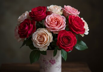 Beautiful bouquet of roses in a vase on a wooden table indoors