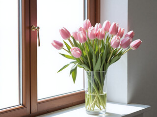 The pink tulips in the glass vase, illuminated by sunlight, appear even more refreshingly Korean in style.