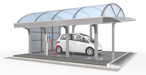 3D-Luxus-Carport mit Elektroauto an der Ladestation zum Laden der Batterie auf transparenten  Hintergrund, isoliert