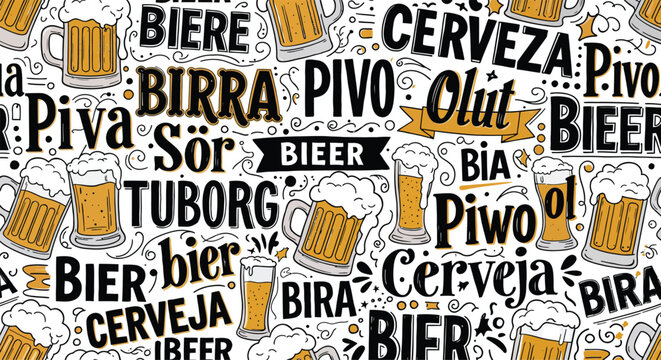 Global Beer Language Tapestry Artistic Doodle Pattern Featuring International Brew Terms and Frothy Mug Illustrations