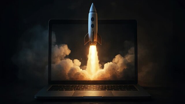 A dynamic video concept showing a rocket launching from a laptop screen. Captured from a front angle, symbolizing innovation and technology. Live desktop wallpaper.