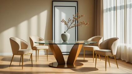 Modern Glass Dining Table with Beige Velvet Chairs, Minimalist Decor, Sunlit Interior