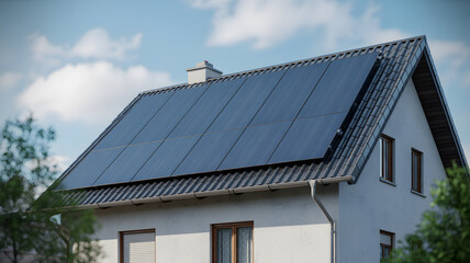 Blue Solar Panels Installed on Rooftop of a Residential House . Renewable Energy and Sustainable Power Solution