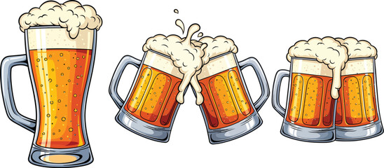 Golden Foamy Beer Mugs Clinking Toast Celebration Festive Drinkware Illustration
