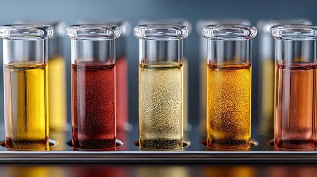 Colorful test tubes filled with various liquids displayed in a laboratory setting during the day