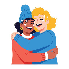 Heartfelt Embrace: Two cheerful individuals, with eyes twinkling, share a heartfelt embrace of friendship and solidarity, radiating warmth and affection.
