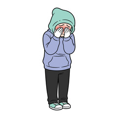 Emotions Concealed: An illustrated figure, cloaked in a cozy hood, subtly conceals its face, the expressive posture of self-reflection. Capturing feelings of both vulnerability and introspection. 