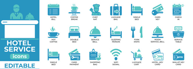Clean editable hotel service vector icons in line art, ideal for hospitality, travel, branding, UI and print design