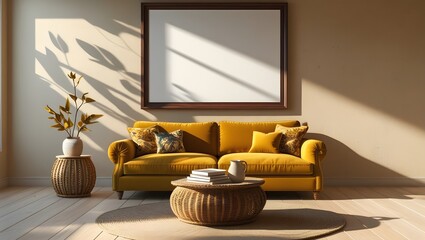 Modern Living Room Interior: Mustard Velvet Sofa,  Warm Sunlight,  Bohemian Decor, Mockup Frame.