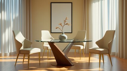 Modern Minimalist Dining Room: Sunlit Glass Table, Beige Upholstered Chairs, and Dried Floral Arrangement.