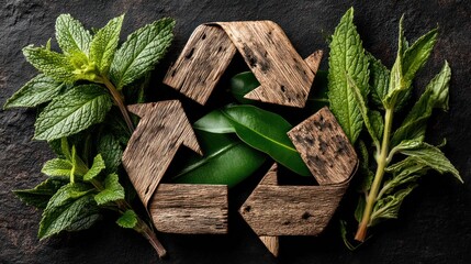 Recycled symbol, green leaves, dark background