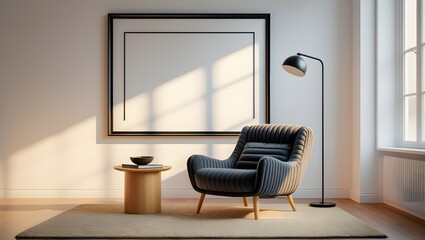 Modern Minimalist Living Room:  Stylish Dark Velvet Armchair, Large Blank Canvas, Warm Sunlight.