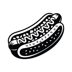 Black and White Hot Dog Illustration with Mustard and Pickles