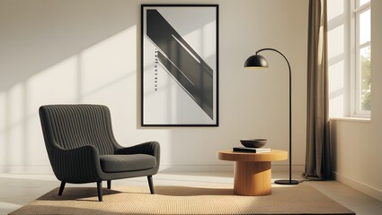 Modern minimalist living room:  sunlit armchair,  wooden side table,  abstract art, and floor lamp.