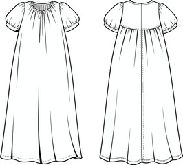 Infant Nightgown Dress Technical Flat Sketch (CAD) | Puff Sleeves and Gathered Neckline Vector Template


