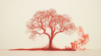 Abstract tree made of red threads with smoke-like shapes, minimalist conceptual art symbolizing fragility, life, and vulnerability.