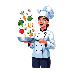 Culinary Master: A skilled chef, in pristine attire, joyfully tosses a colorful array of fresh vegetables, in a captivating illustration of culinary artistry.