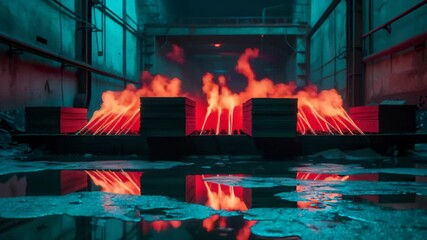 Red Flames Shoot Upward in Dim Industrial Hallway - Powered by Adobe