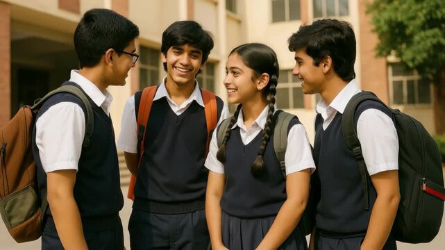 Group of students in uniforms smiling and chatting outdoors. Captured from a side angle, this video conveys a lively and friendly school atmosphere.