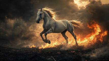 White horse galloping through fire and smoke, symbolizing strength, survival, and freedom in a dramatic scene.