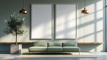 Modern Sage Green Living Room with Two Blank Canvases, Olive Tree, and Minimalist Sofa Mockup