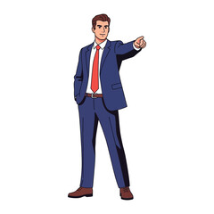 The Confident Decision: A distinguished figure, dressed in a sharp, tailored suit, stands with confidence, extending a decisive gesture as he points directly forward.