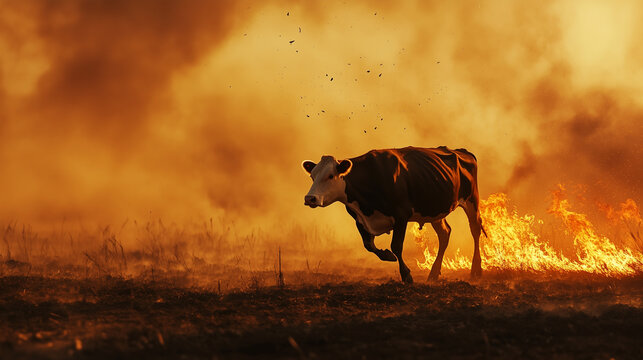 AI-generated image of a cow running through a burning field, surrounded by smoke and flames, symbolizing rural tragedy and environmental crisis.