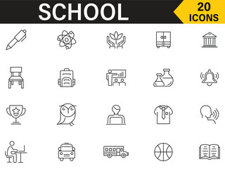 School line icons set. Set of 20 icons related to teacher, book, education, teaching, learning, subjects, classroom, students and more. Editable stroke flat style symbol collection.