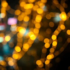 Fototapeta premium Abstract glowing golden bokeh lights with warm blur, festive background perfect for holidays, celebrations, luxury branding, and modern visuals symbolizing warmth, joy, glamour, and brilliance.